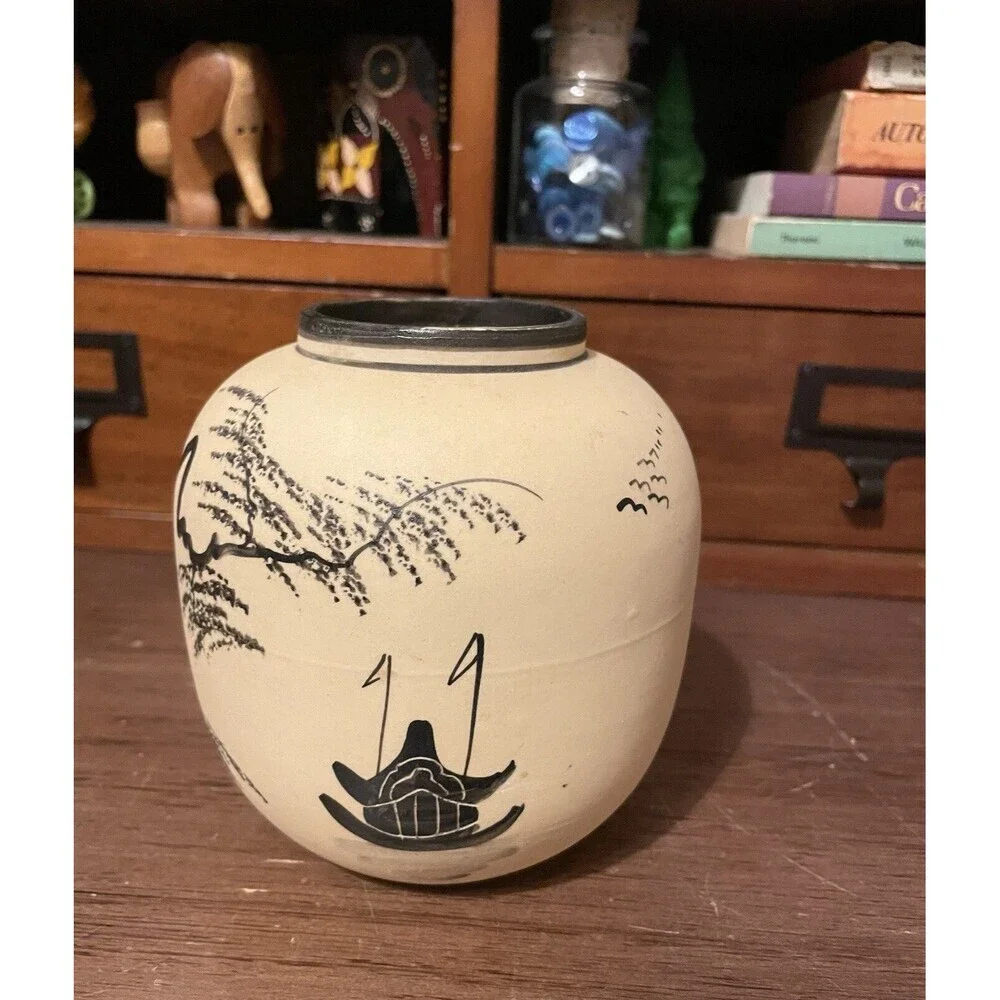 Vintage Japanese Bisque Pottery Hand Painted Pagoda Landscape Vase Ginger Jar 5”